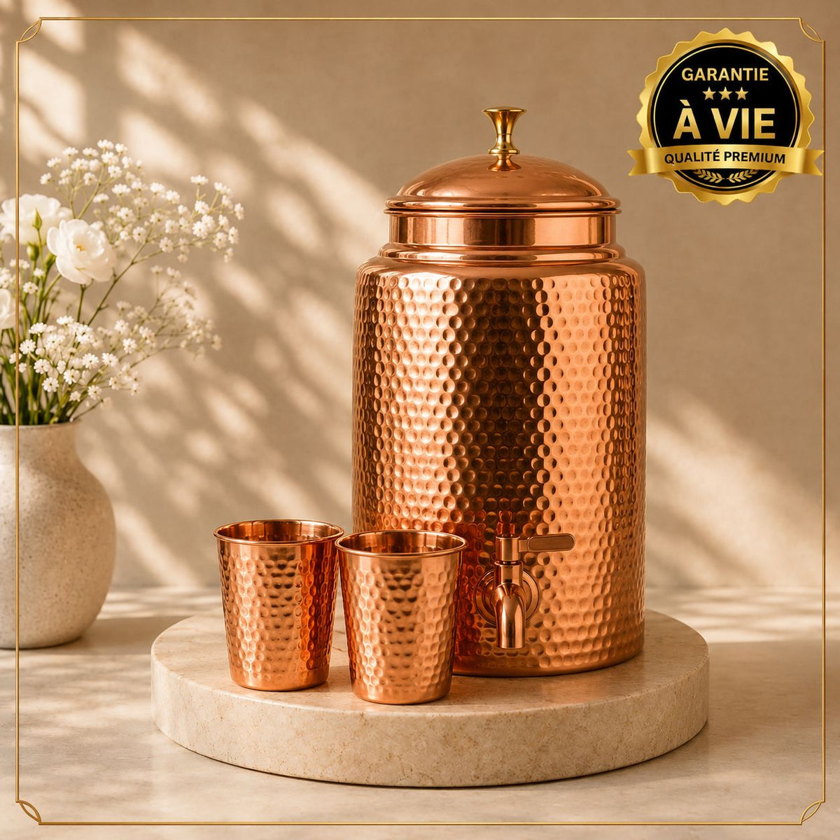 Distributeur d'Eau Cuivre Pur 99,9% – Ayurvédique & Artisanal