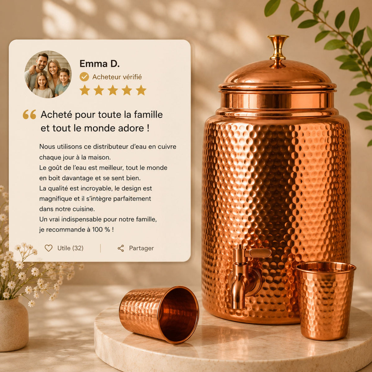 Distributeur d'Eau Cuivre Pur 99,9% – Ayurvédique & Artisanal