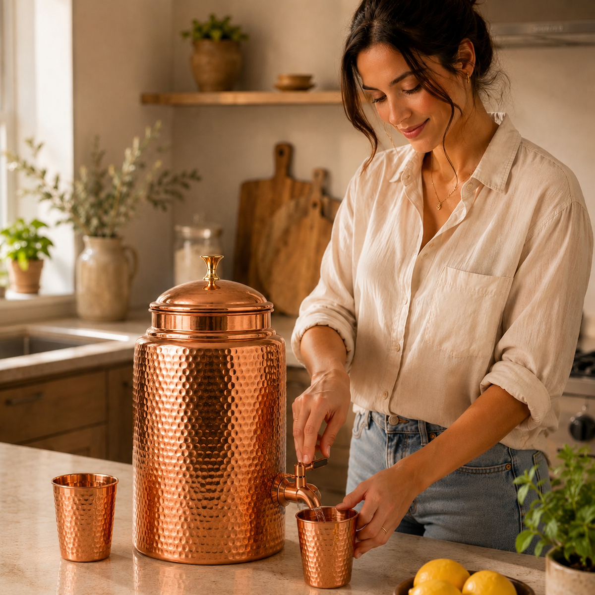 Distributeur d'Eau Cuivre Pur 99,9% – Ayurvédique & Artisanal