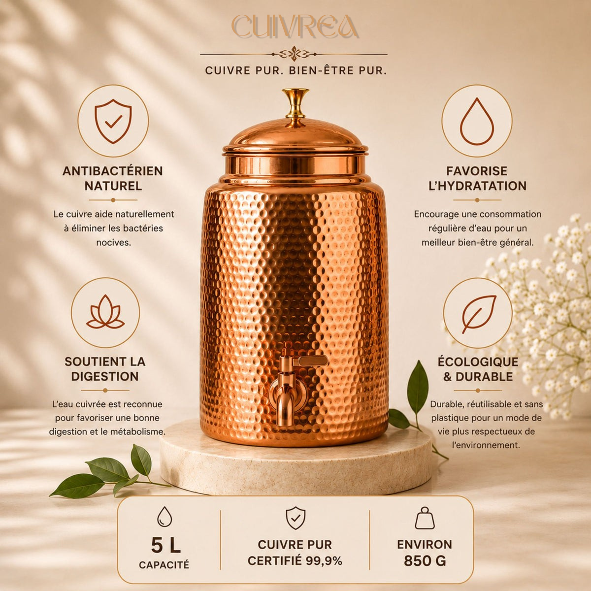 Distributeur d'Eau Cuivre Pur 99,9% – Ayurvédique & Artisanal